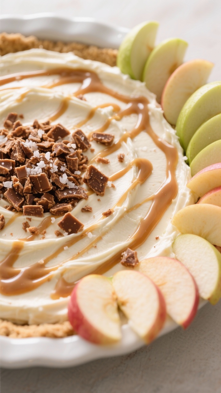 Close-up detail shot of the finished apple dip just after assembly: a shallow pie plate filled with