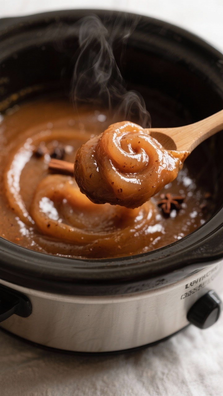 Close-up detail shot: Silky, glossy apple butter mounding on a spoon as it’s stirred in an uncover