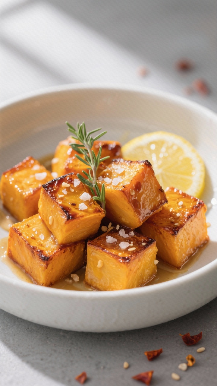 Close-up final plating of roasted butternut squash in a shallow white ceramic bowl, cubes stacked wi
