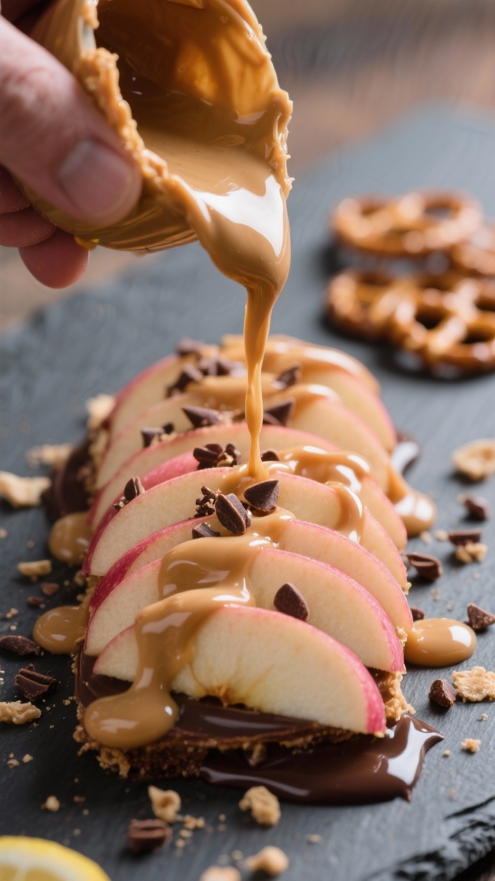 Close-up process detail of the warm peanut butter drizzle step: a cascade of silky, pourable peanut