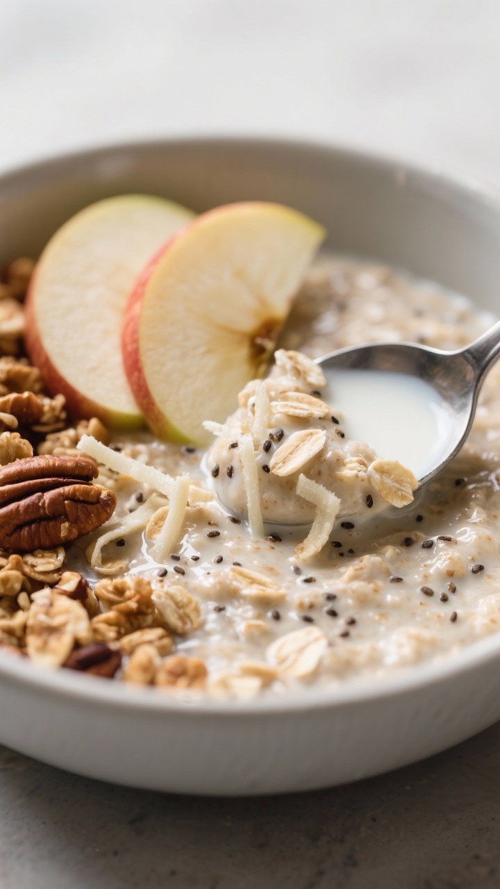 Close-up side-angle detail of the morning stir and serve: a spoon dipping into thick, chilled apple