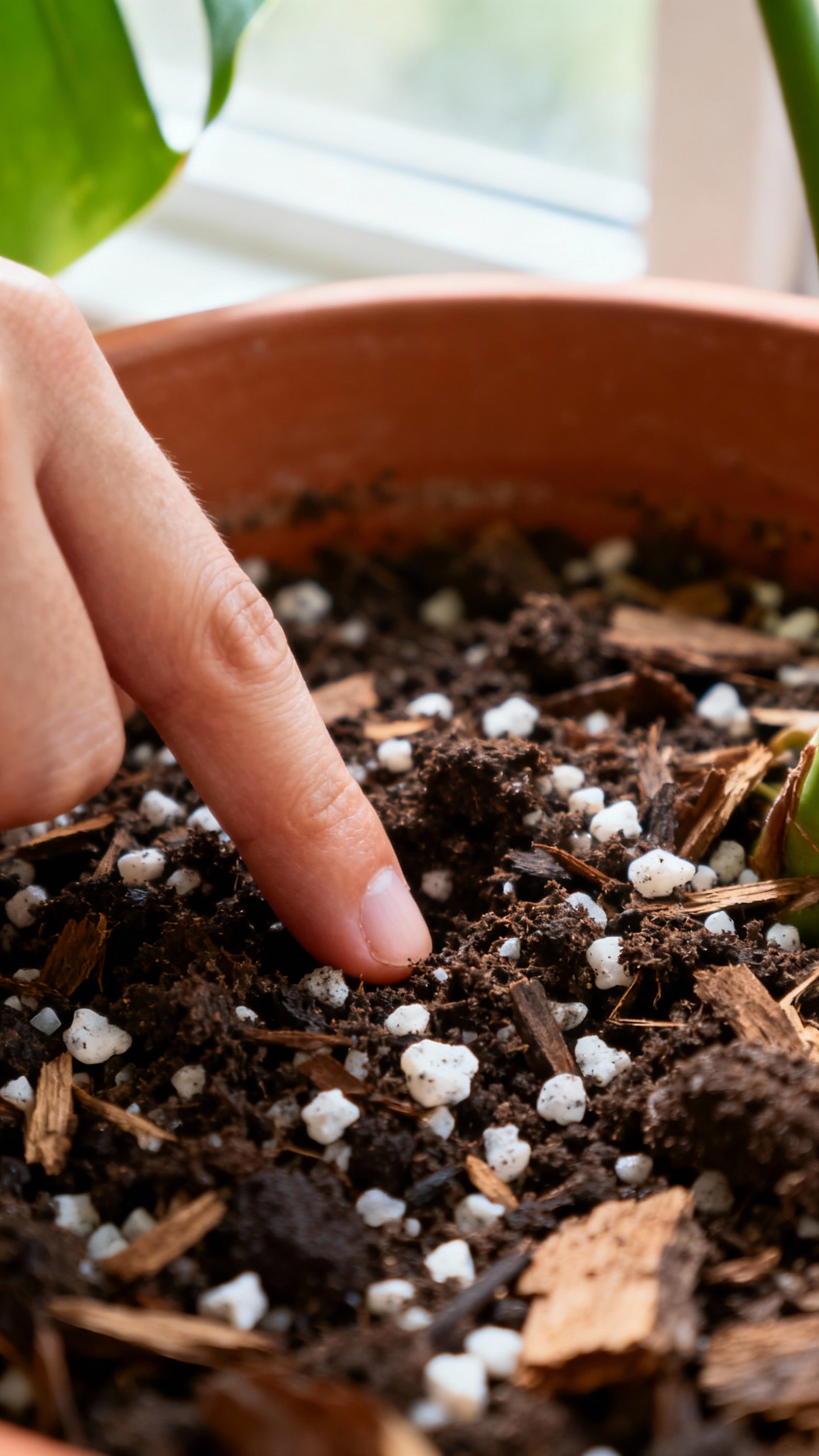 Closeup hand doing finger test in chunky Monstera soil, terracotta pot, airy mix with perlite and ba