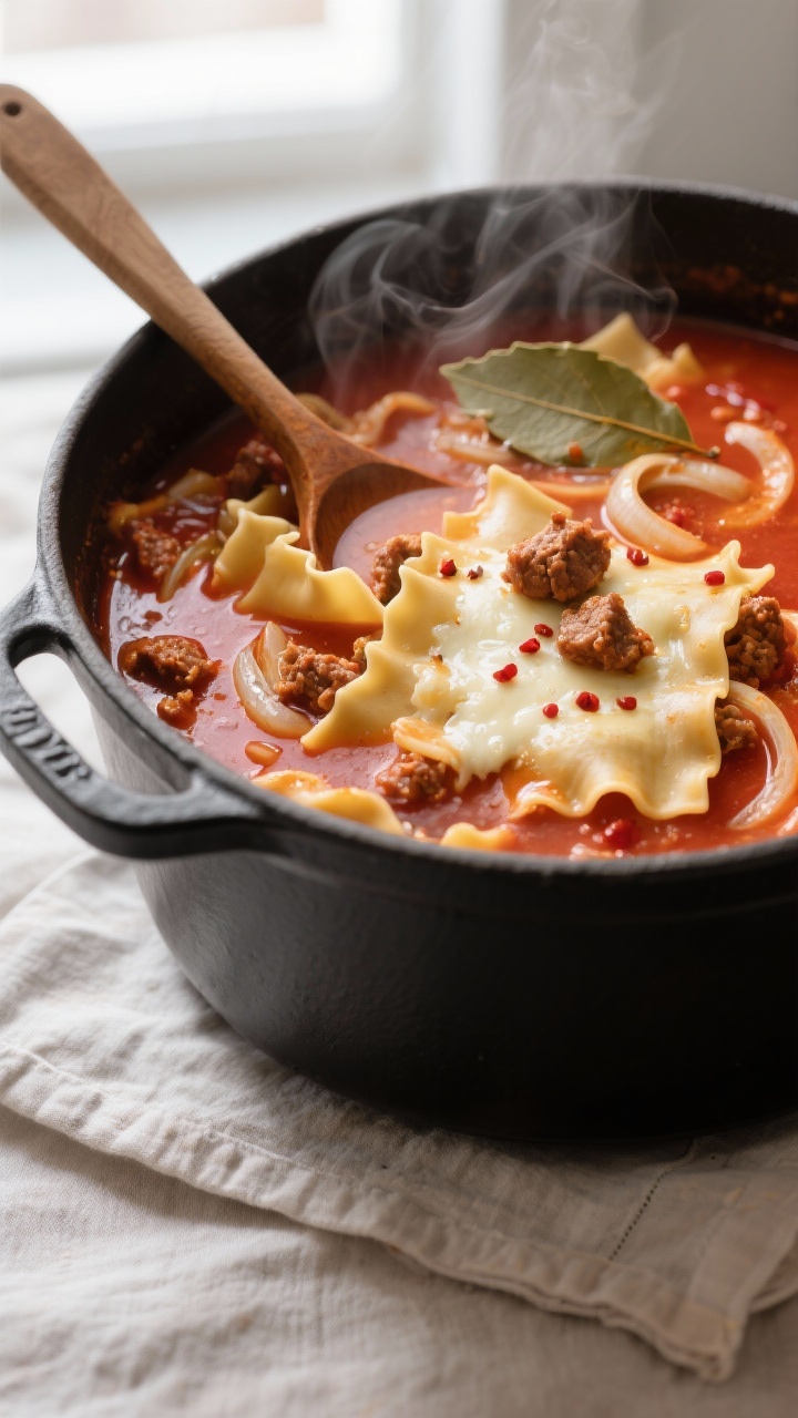 Cooking process close-up: A Dutch oven of lasagna soup at a lively simmer, showing curled, broken la