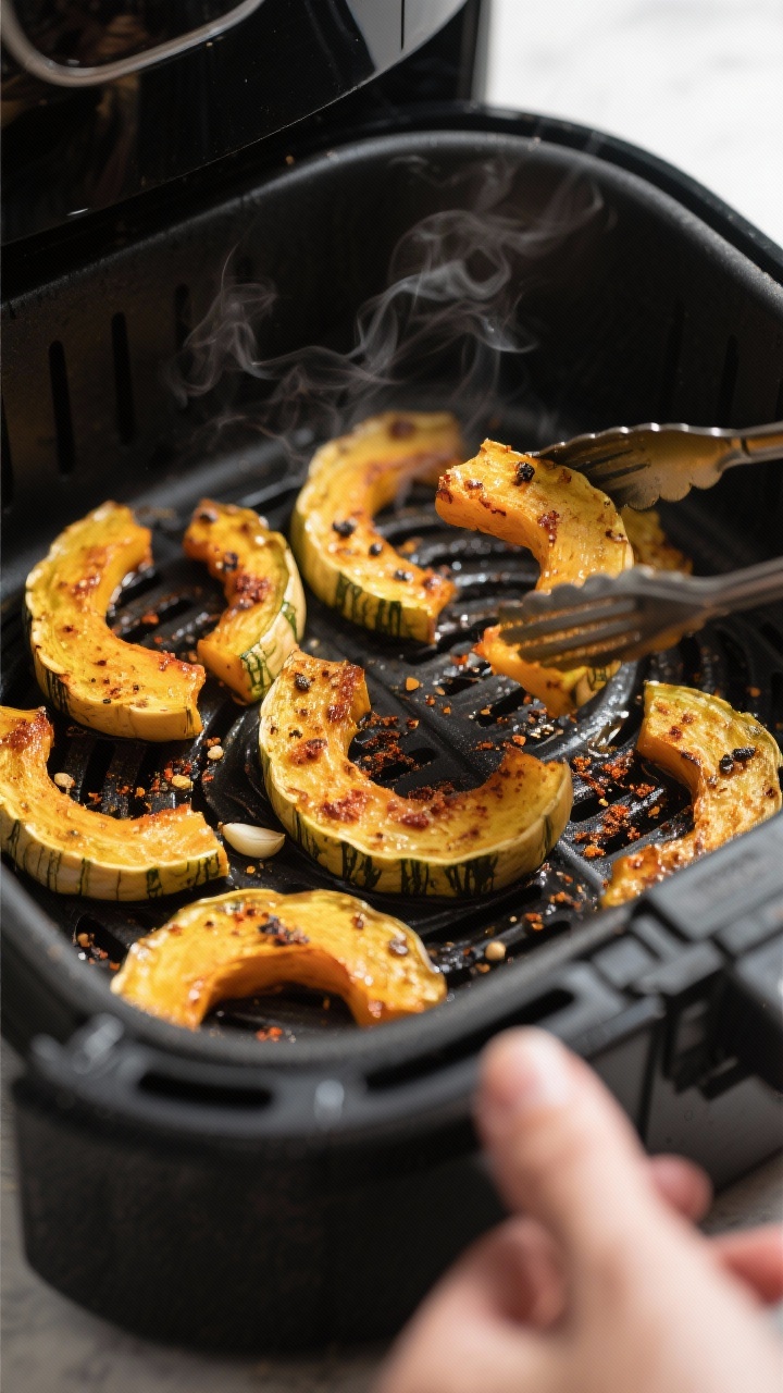 Cooking process close-up: Air fryer basket at 400°F with a single layer of delicata squash half-moo