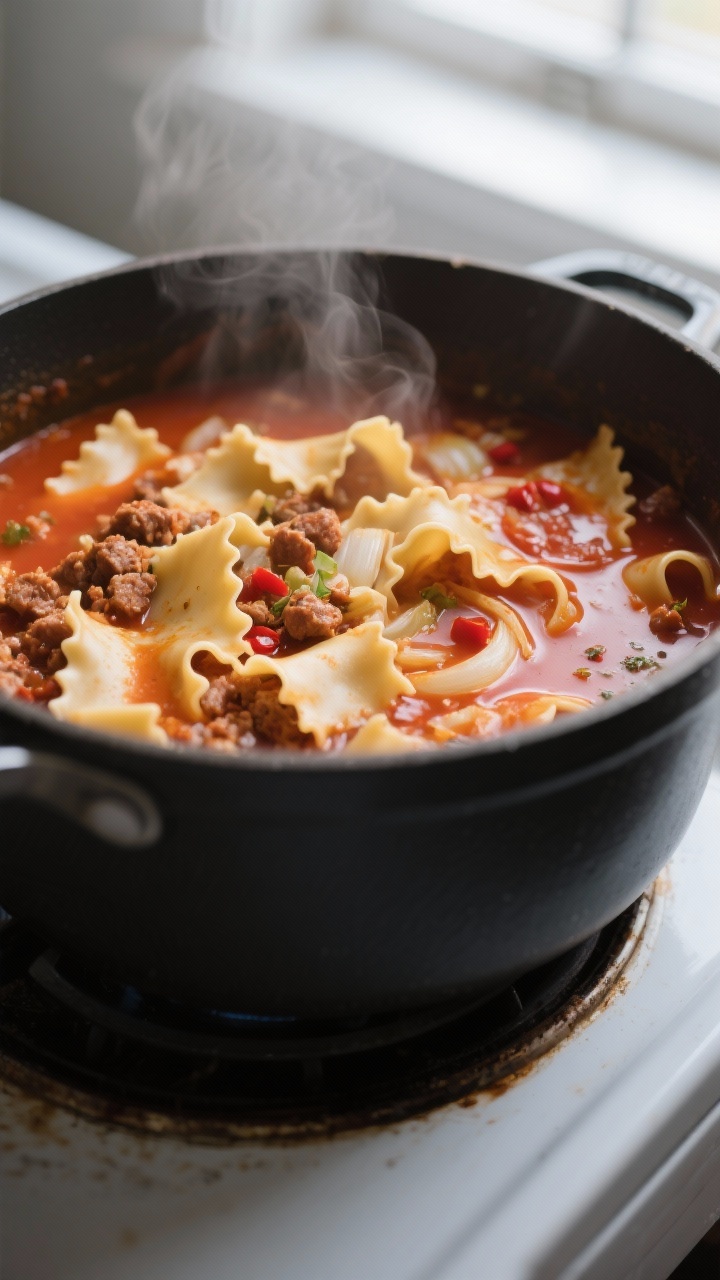 Cooking process, close-up detail: A deep pot of simmering lasagna soup with broken lasagna noodles c