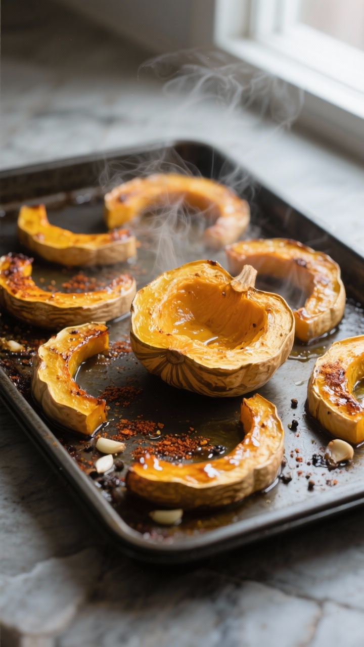Cooking process, close-up detail: A hot, preheated sheet pan just pulled from a 425°F oven with roa