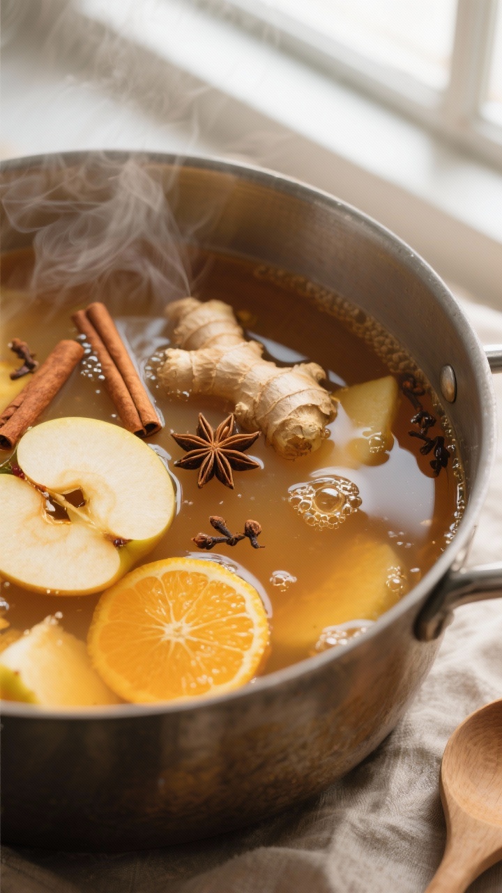 Cooking process, close-up detail: A steamy, close-up shot of simmering homemade apple cider in a wid