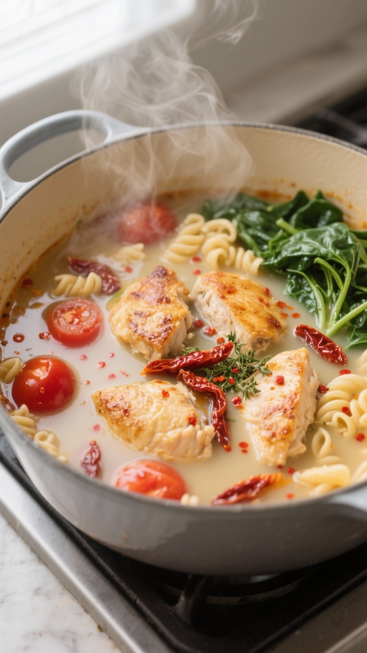 Cooking process, close-up detail: Close-up of Marry Me Chicken Soup mid-simmer in a Dutch oven, show