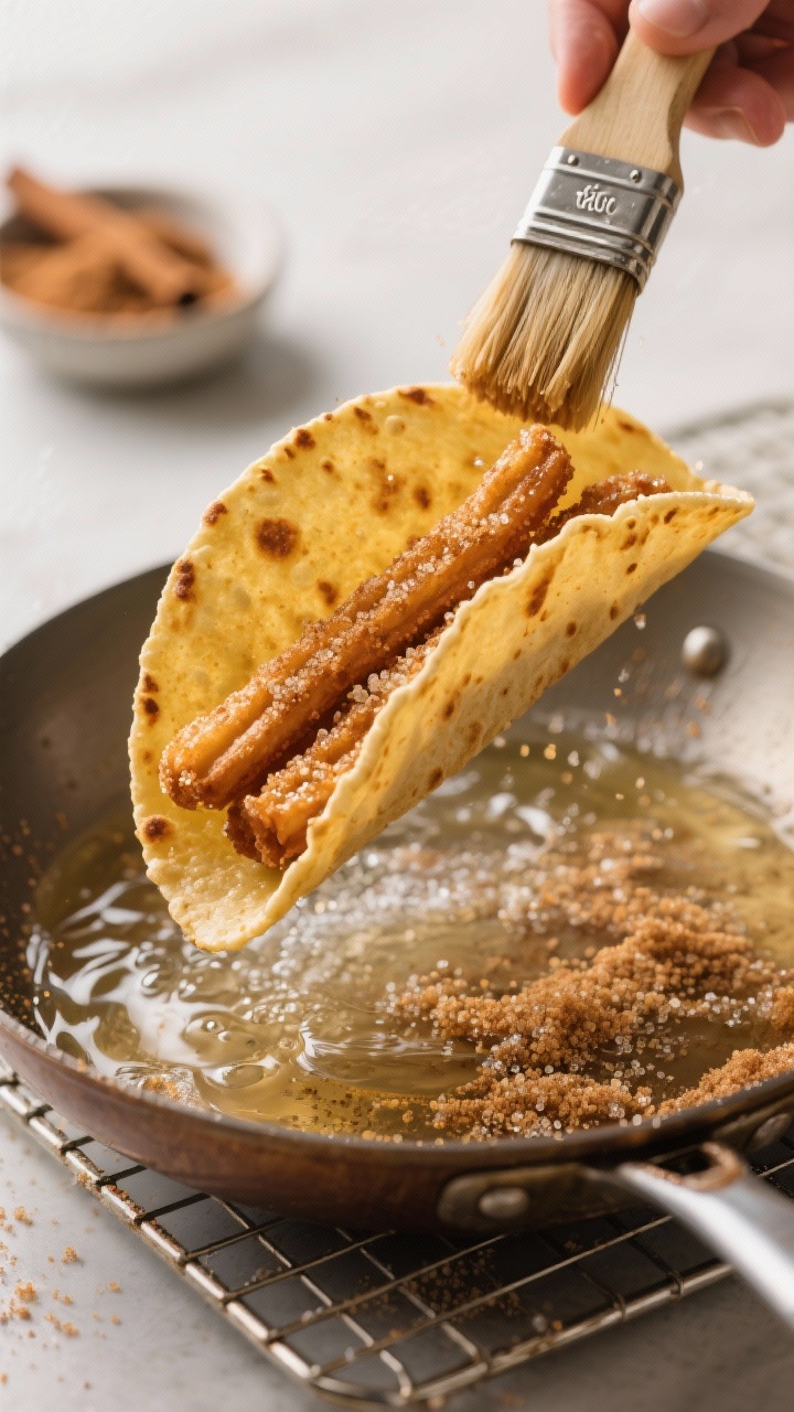 Cooking process, close-up detail: Golden, freshly fried flour-tortilla taco shells being lifted from