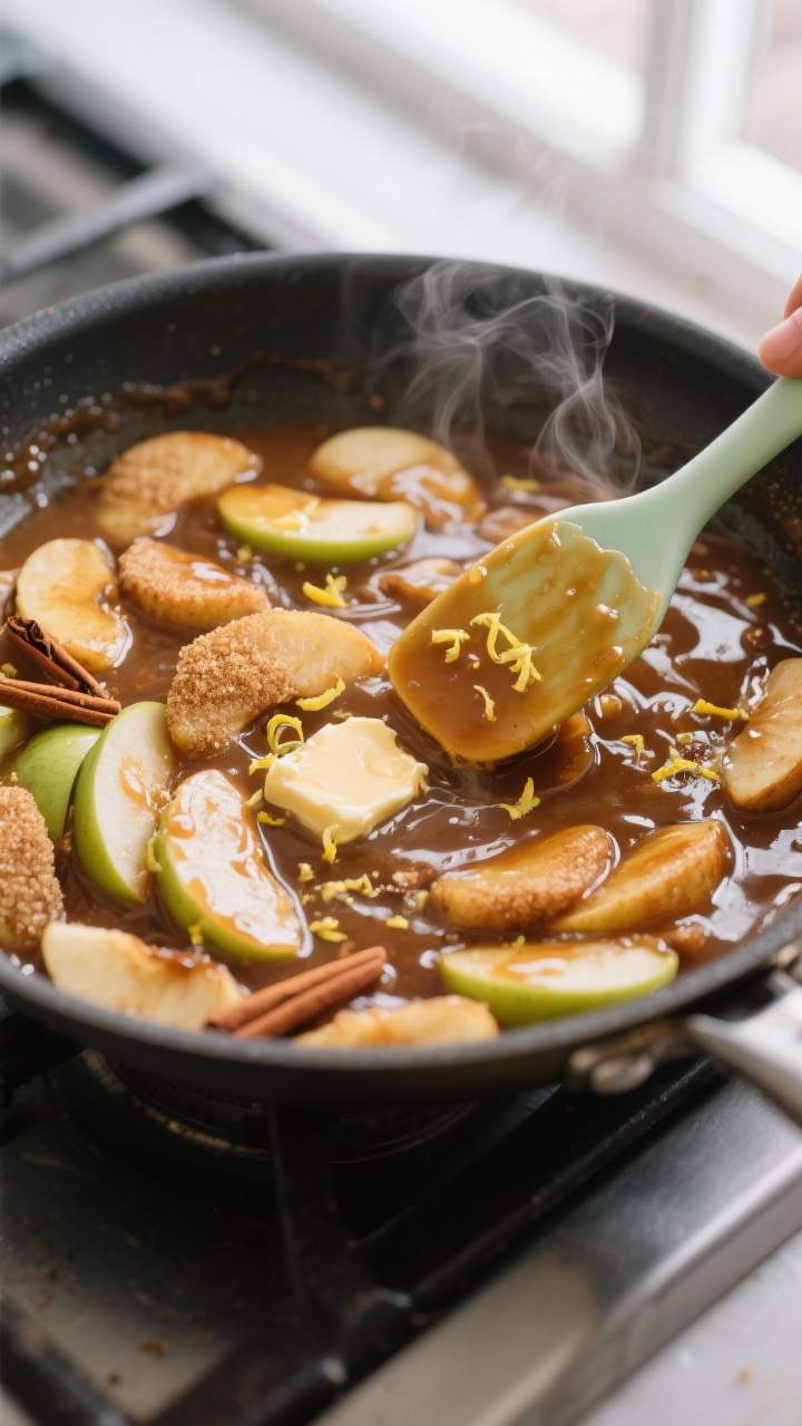 Cooking process close-up: Thick, glossy apple pie filling simmering in a wide stainless skillet, app