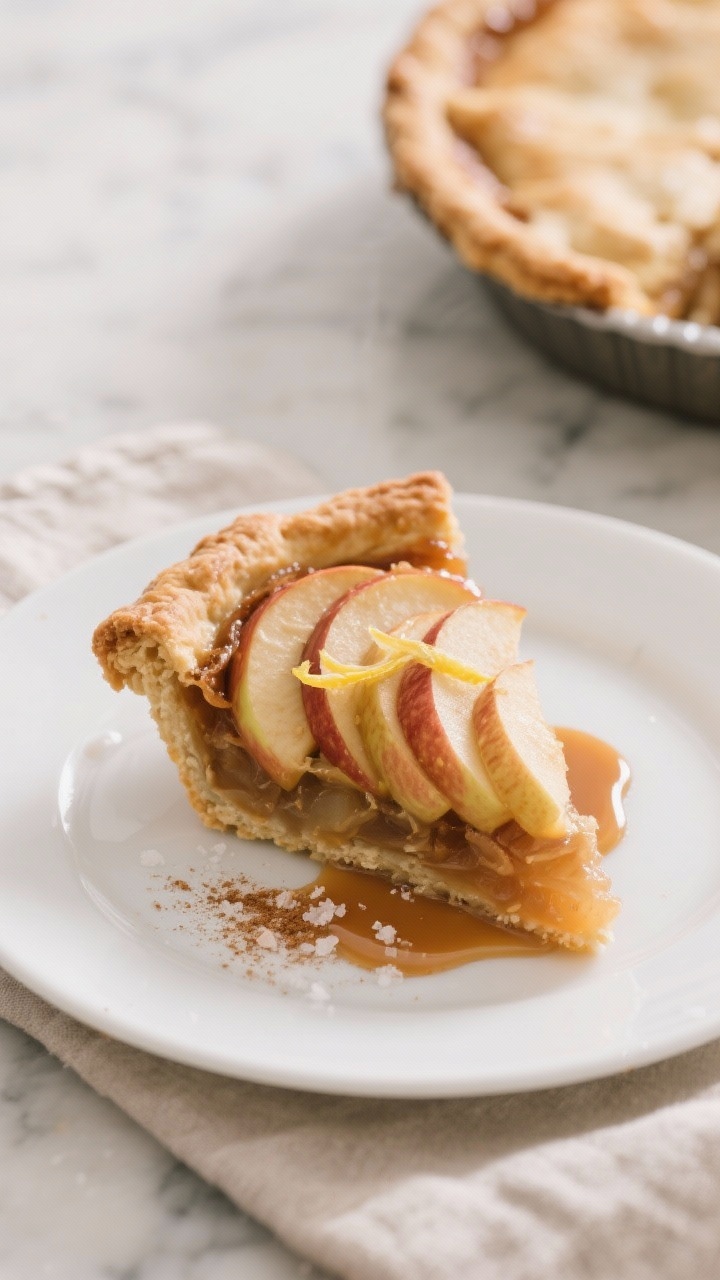 Final dish overhead: A baked double-crust apple pie slice plated on a matte white dessert plate, the