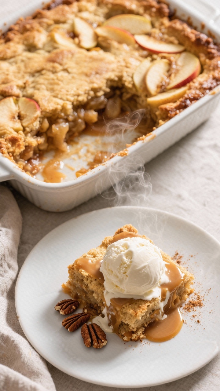 Final dish, overhead hero shot: Fully baked 3-Ingredient Apple Pie Dump Cake with a deeply golden, c