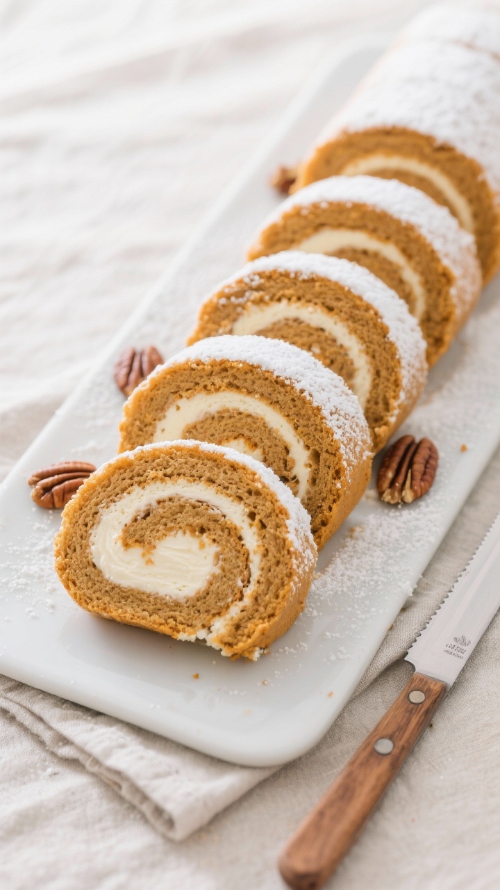 Final dish/overhead: Overhead shot of a chilled Pumpkin Spice Roll Cake sliced into even rounds, sho