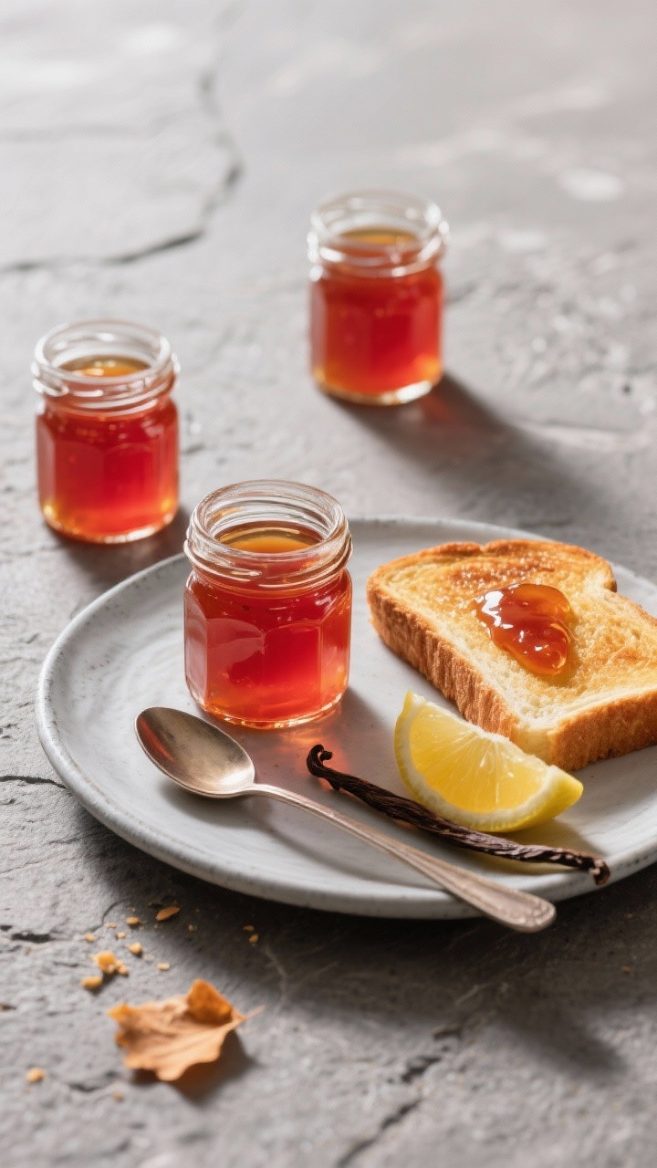 Final dish/overhead: Overhead shot of crystal-clear apple jelly set in small half-pint jars on a coo