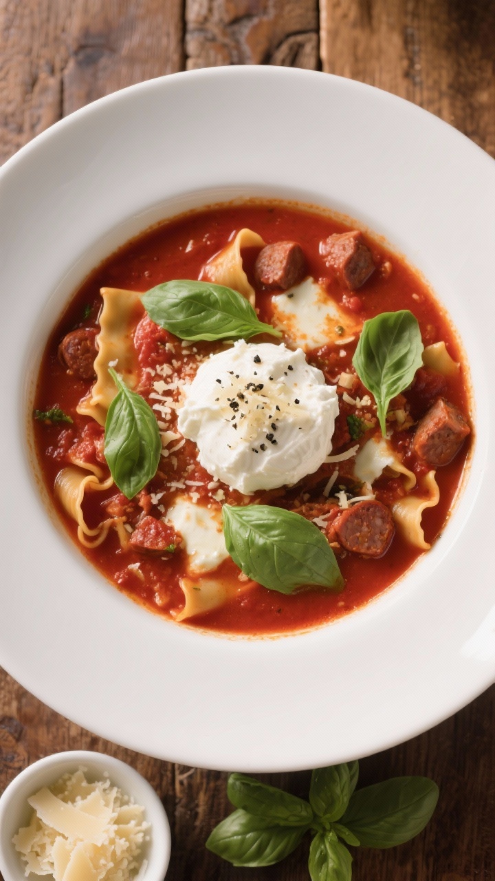 Final dish overhead: Restaurant-quality bowl of lasagna soup finished and plated, . Deep red, hearty