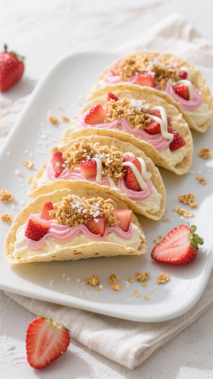 Final dish, overhead “tasty top view”: Strawberry Crunch Cheesecake Tacos arranged in a loose ar