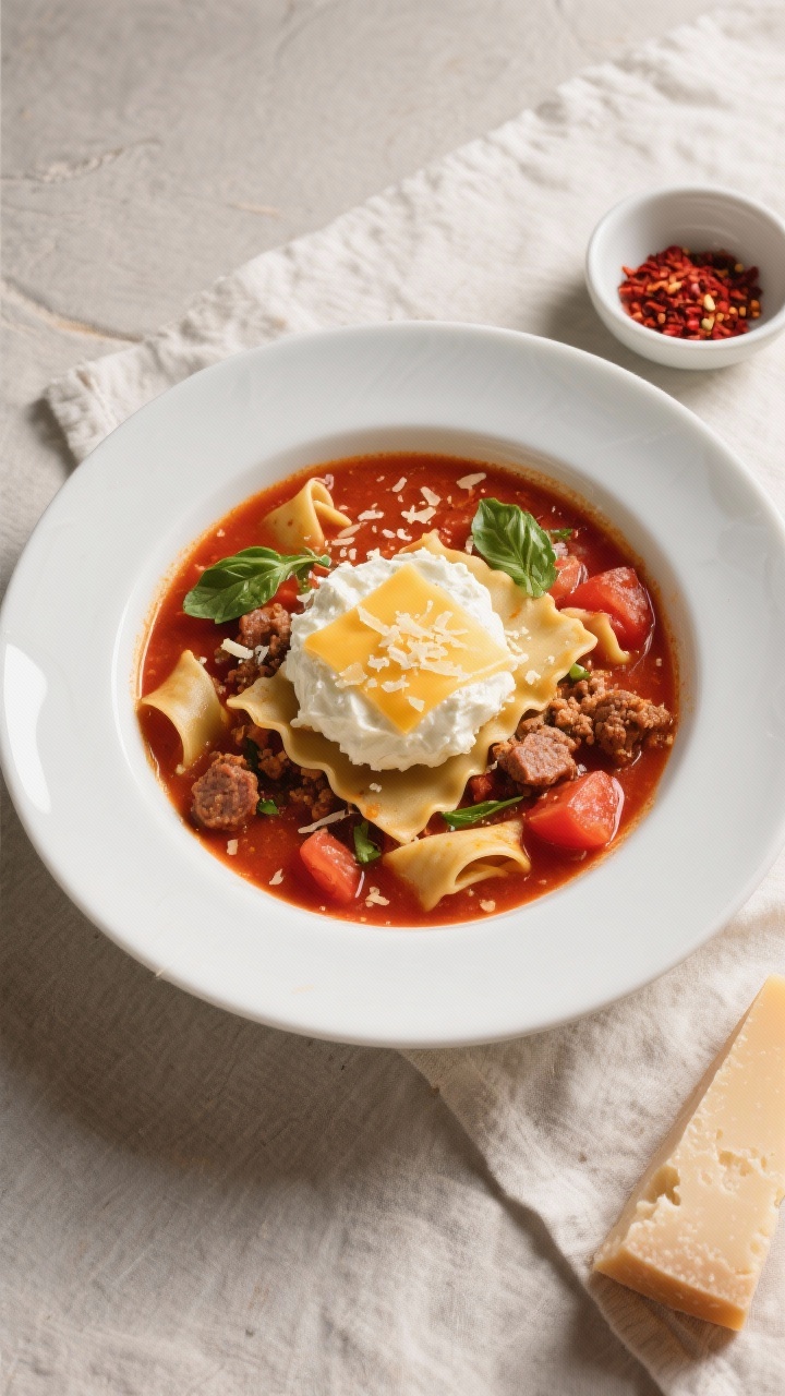 Final dish, tasty top view: Overhead shot of a generously ladled bowl of lasagna soup, crowned with