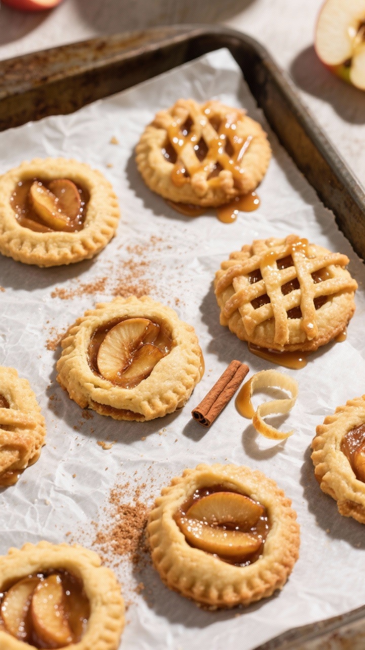 Final dish, tasty top view: Overhead shot of apple pie cookies on parchment-lined baking sheet—gol