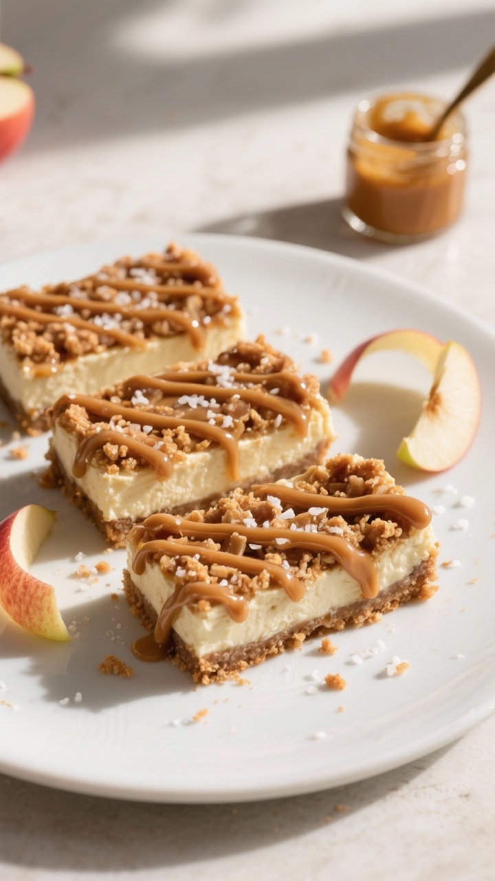 Final dish, tasty top view: Overhead shot of sliced Caramel Apple Cheesecake Bars on a matte white p