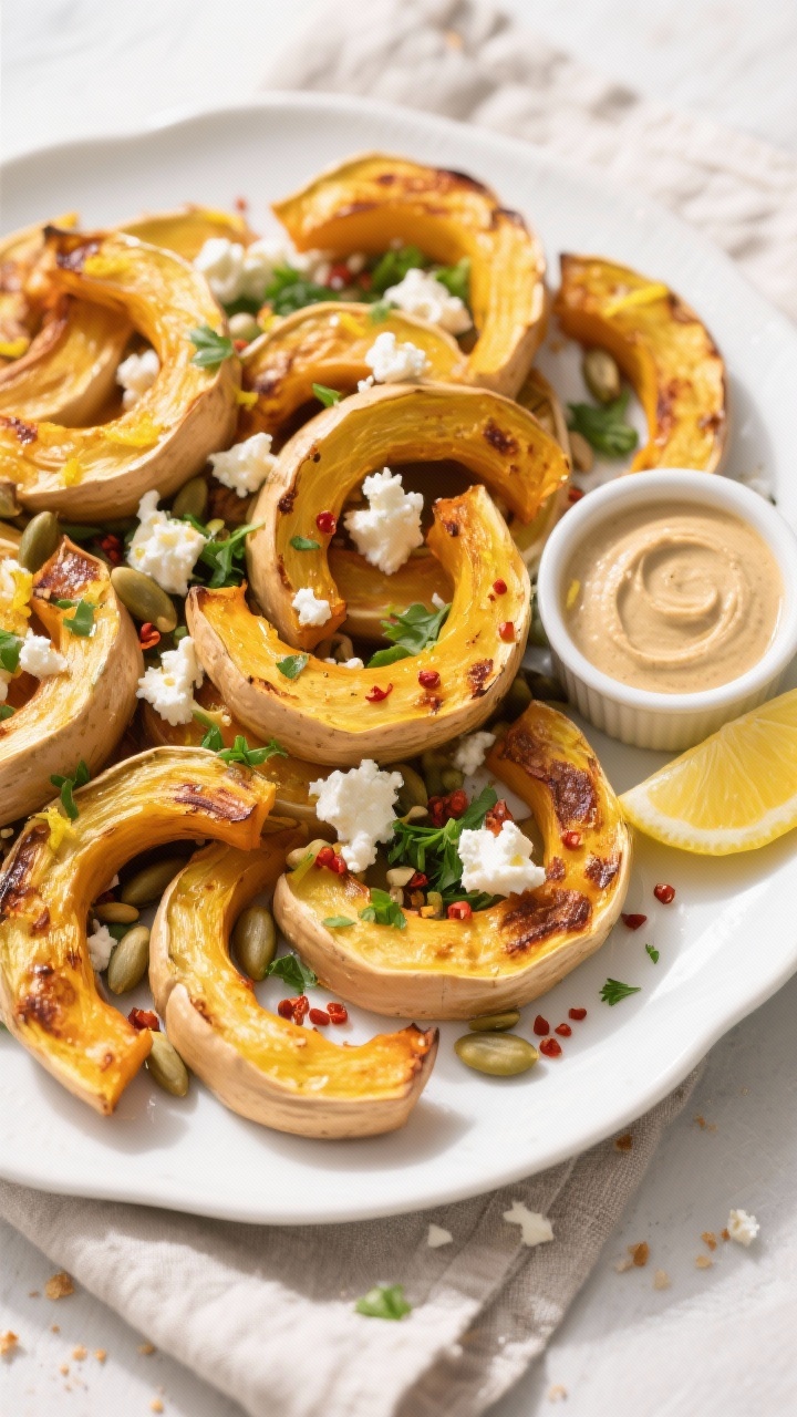 Final dish, top view: Overhead shot of a large white platter piled with roasted delicata squash half
