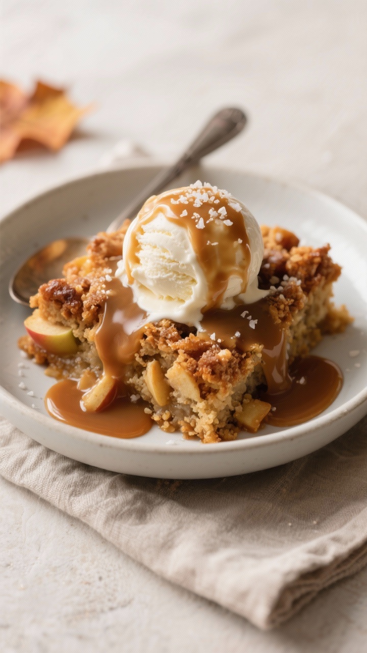 Final plated dessert, close-up detail: A warm scoop of Crockpot Caramel Apple Dump Cake in a matte w