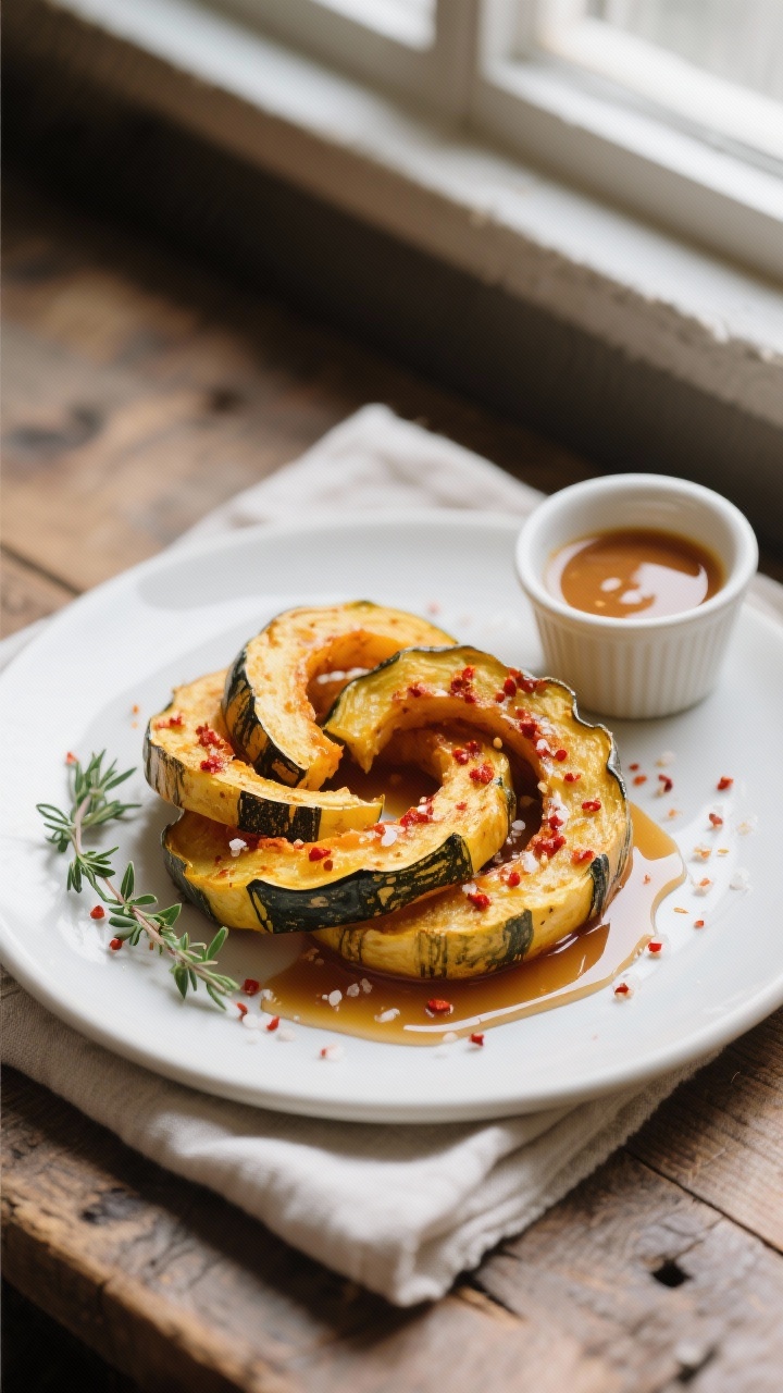 Final plated overhead: Tasty top-down shot of air-fried delicata squash rings arranged in a loose sp