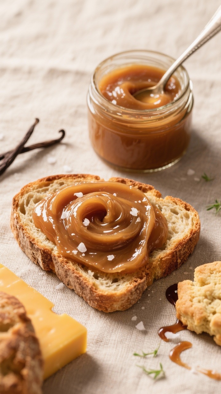 Final presentation, top view: overhead shot of a small jar of silky apple butter with a glossy, spoo
