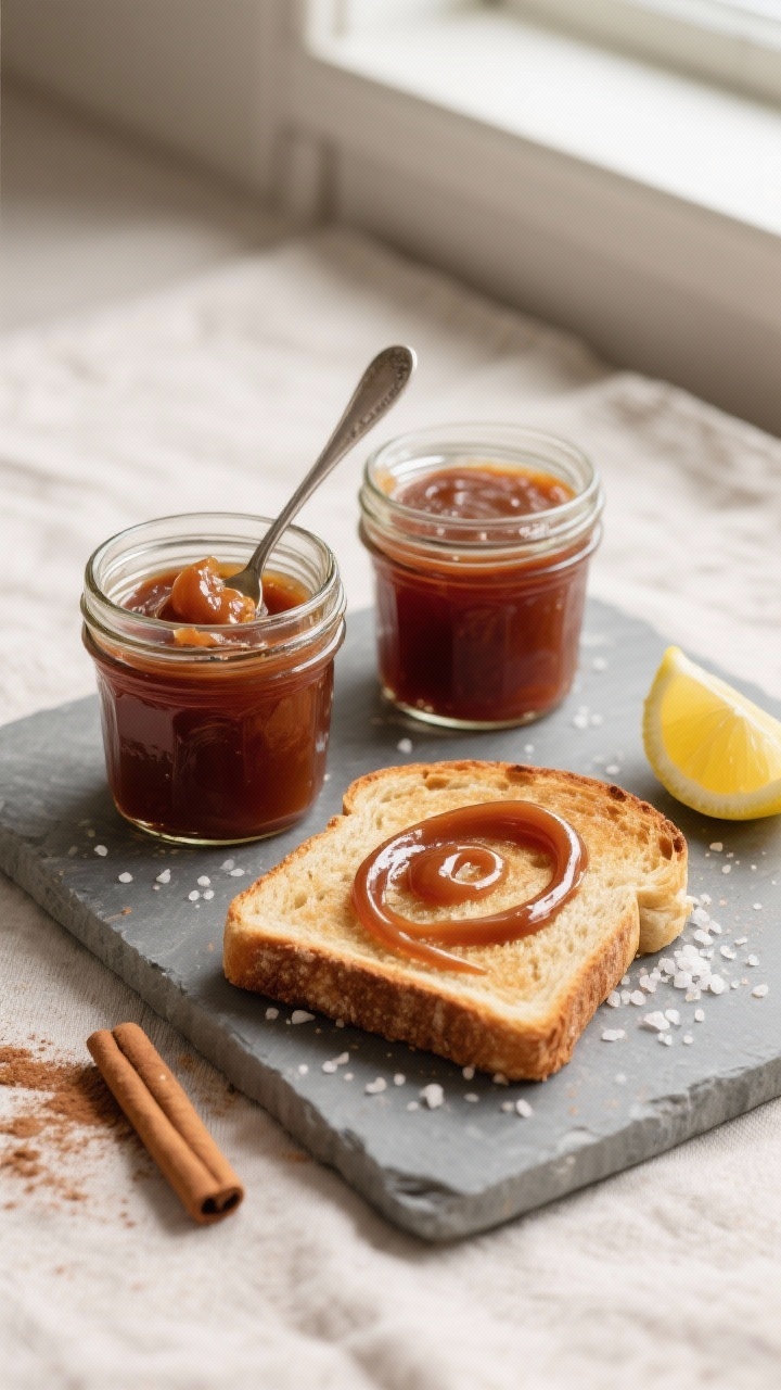 Overhead final presentation: Apple butter elegantly jarred and ready to serve—two small glass jars