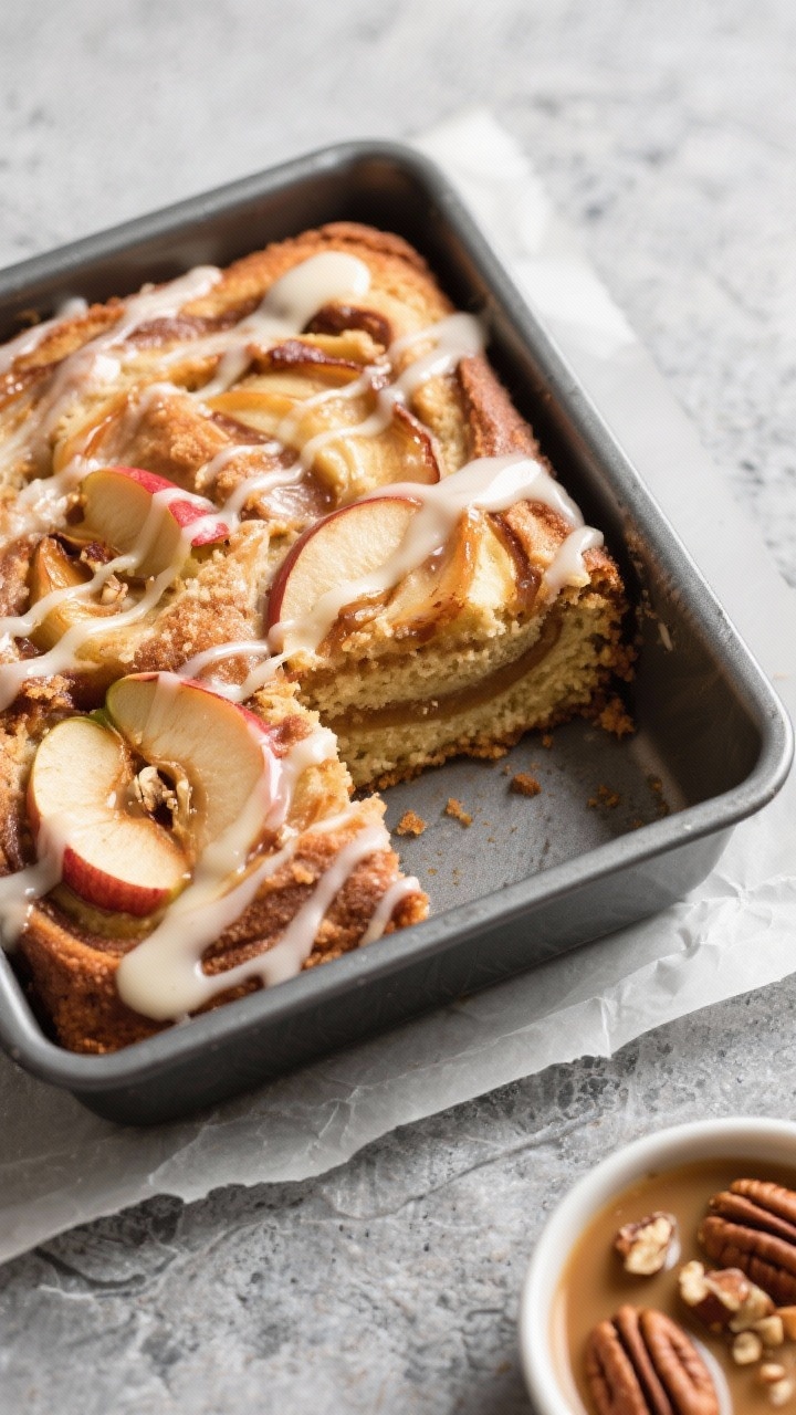 Overhead final presentation: Apple fritter cake baked in an 8x8 pan, top swirled with visible cinnam