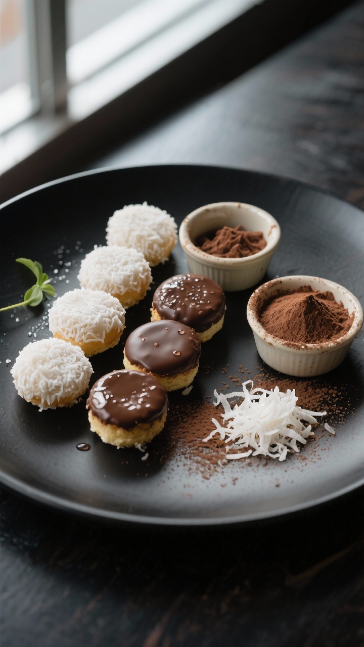 Overhead final presentation: Neatly arranged assortment of 1-inch Moose Farts on a matte black plate