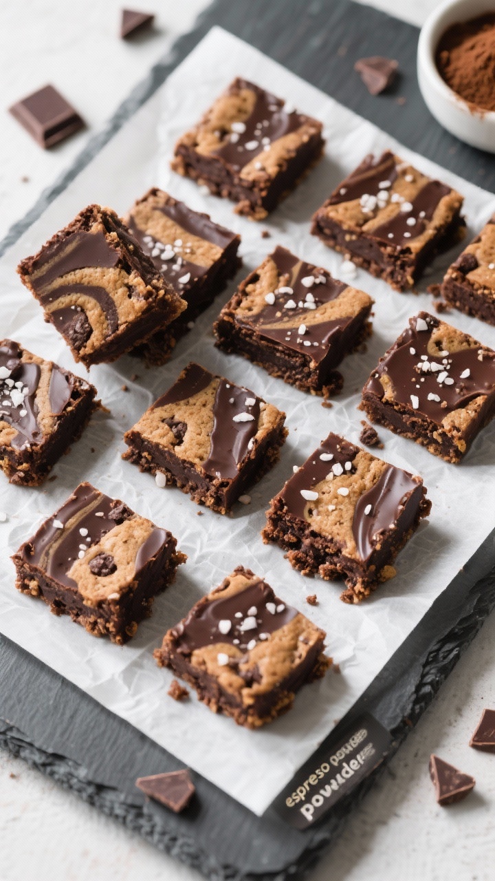 Overhead final presentation: Neatly sliced browkie bars arranged in a tidy grid on white parchment o