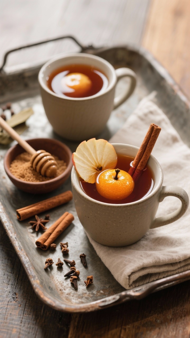 Overhead final presentation of hot apple cider in matte ceramic mugs on a rustic tray: deep amber ci