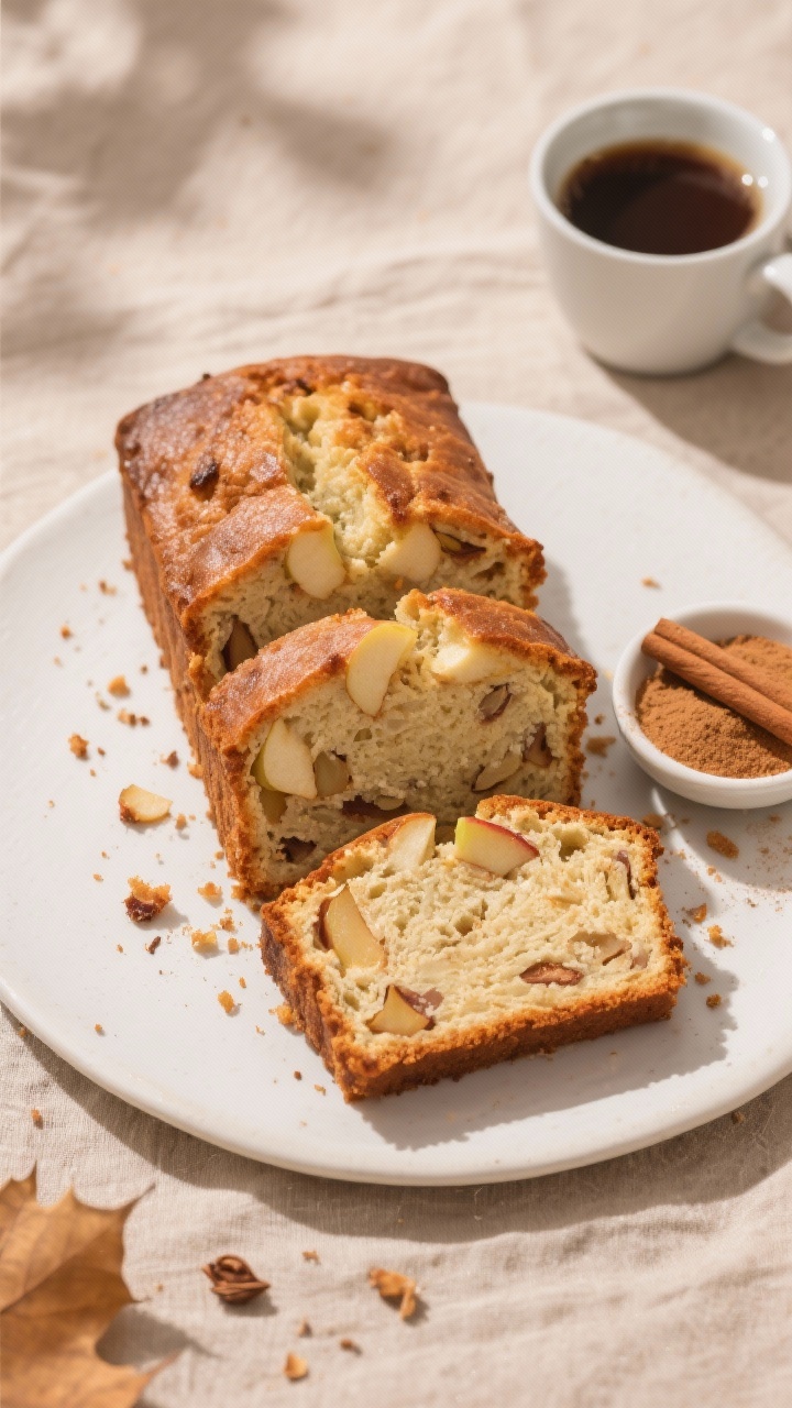 Overhead final presentation of thick, even slices of apple loaf cake fanned on a matte white platter