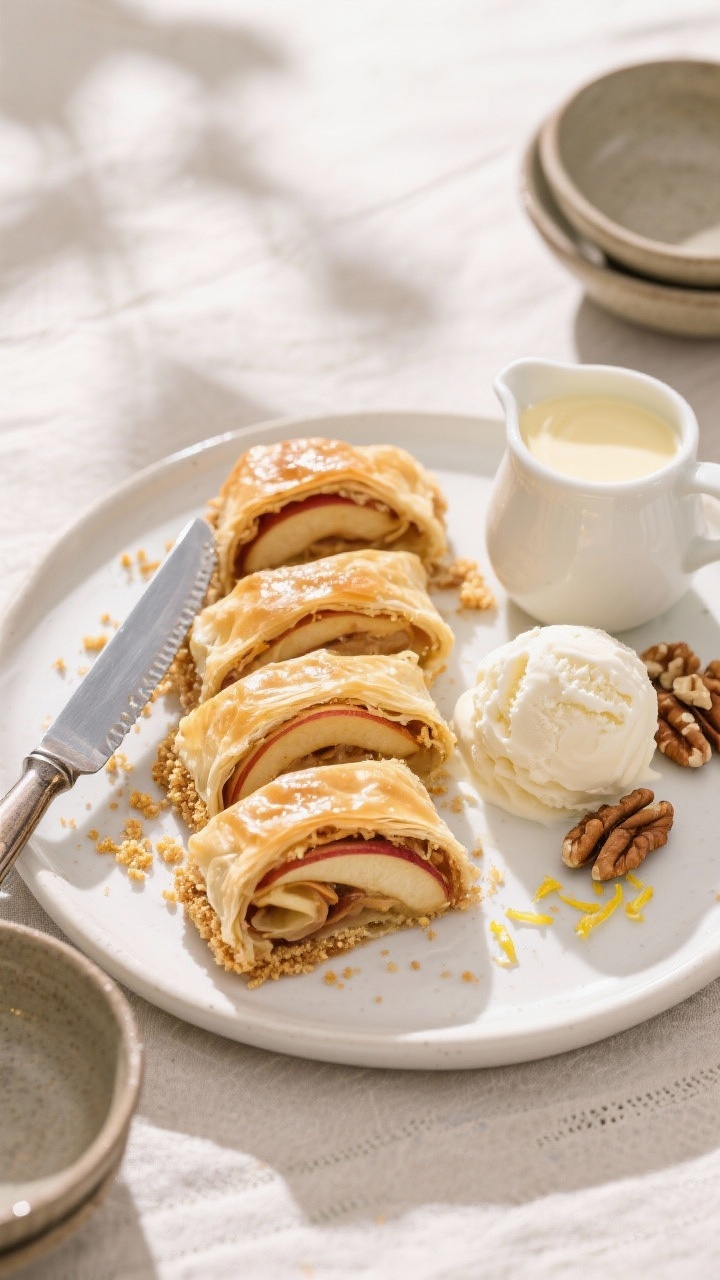 Overhead final-serve scene: apple strudel sliced with a serrated-knife finish, arranged on a matte w