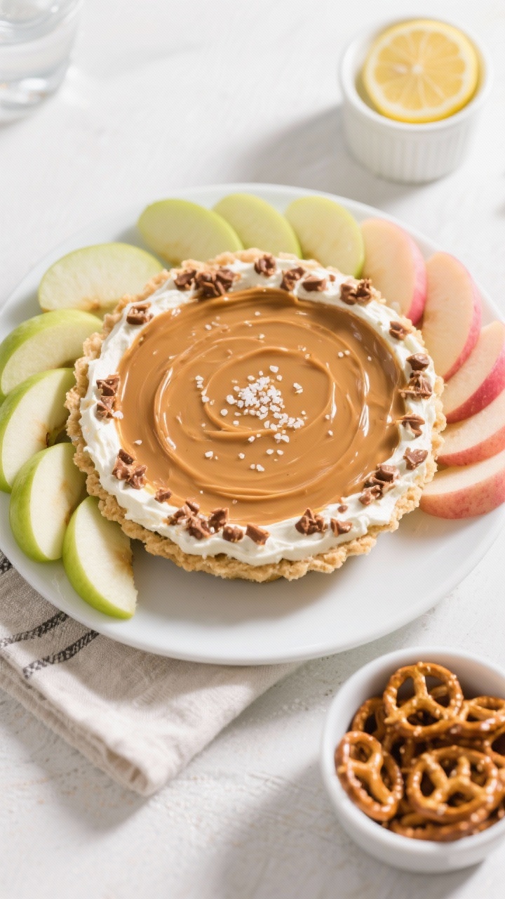 Overhead “serve and snack” scene showing the final presentation: the pie plate of apple dip cent