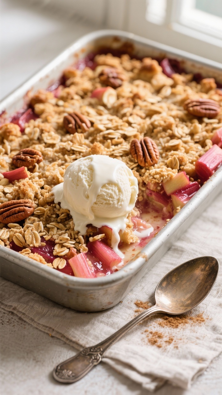 Overhead shot of a freshly baked Apple Rhubarb Crisp in a 9x13 pan, the topping deep golden with vis