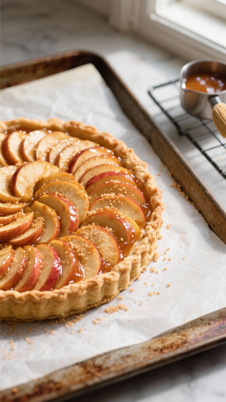 Overhead shot of a freshly baked apple tart on a parchment-lined sheet pan using puff pastry with a