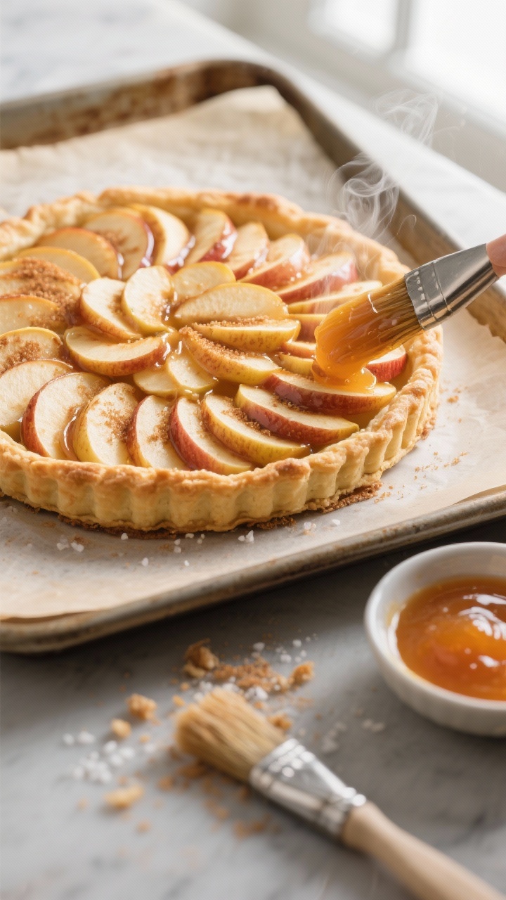 Overhead shot of a freshly baked apple tart on a parchment-lined sheet pan just out of a 400°F oven