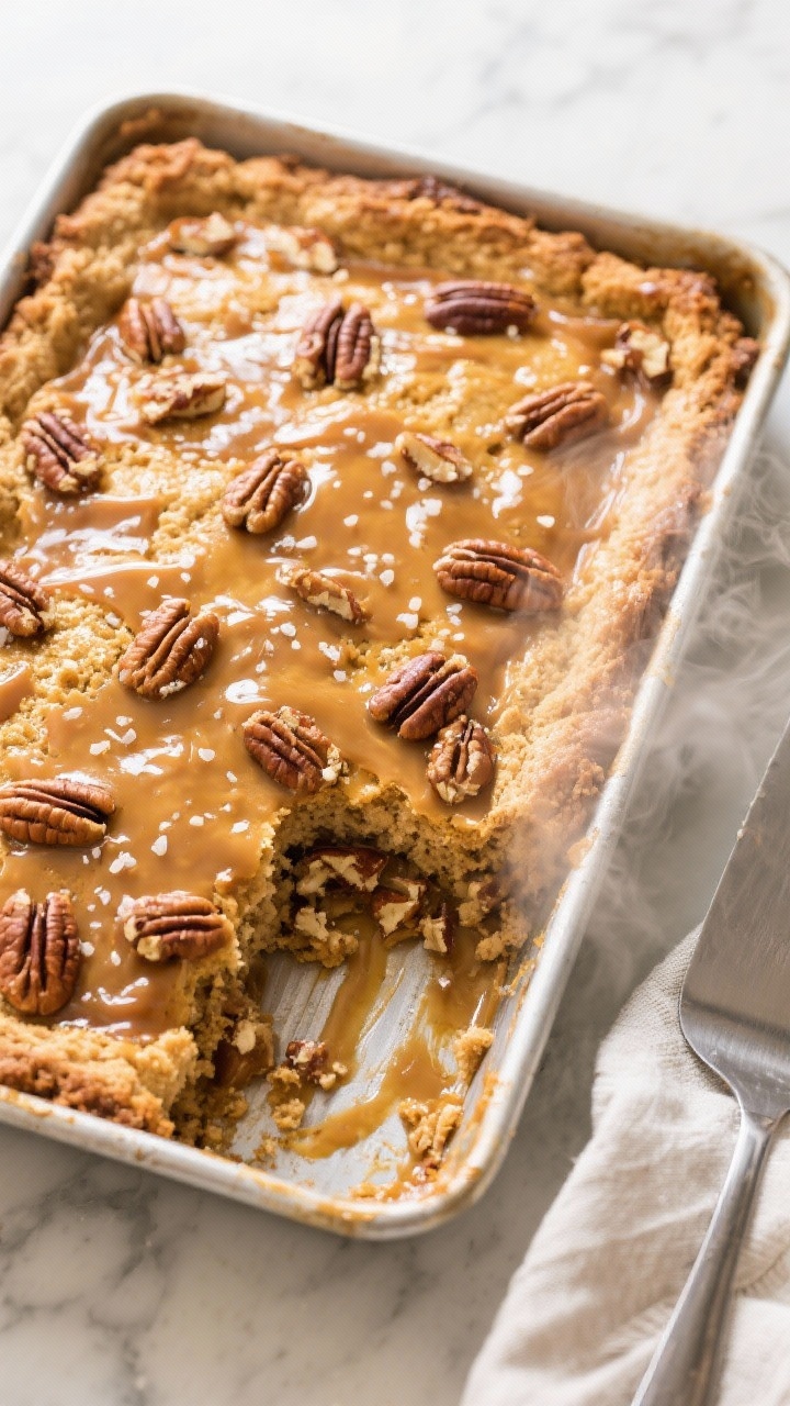Overhead shot of a freshly baked pecan pie dump cake in a 9x13 pan just out of the oven, golden crag