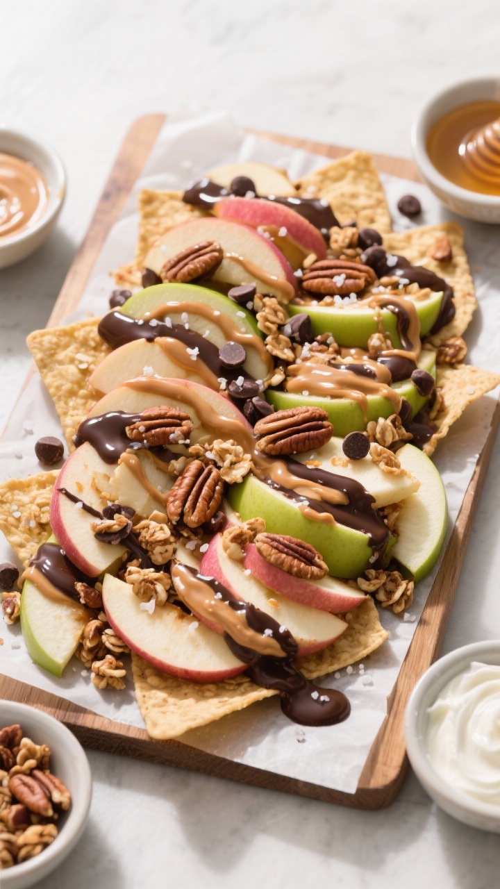Overhead shot of a fully assembled Apple Nachos platter on a parchment-lined board: thin, uniform ap