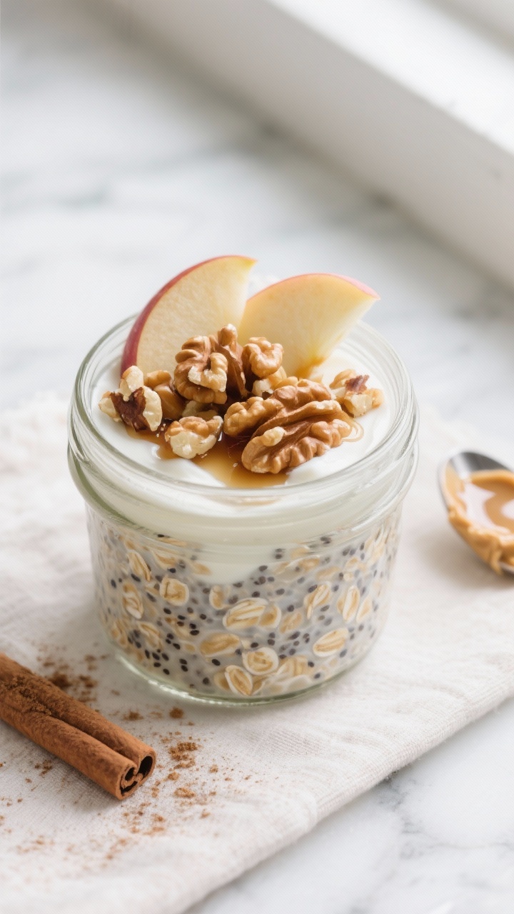 Overhead shot of finished apple overnight oats in a clear 12–16 oz jar, creamy rolled oats and chi