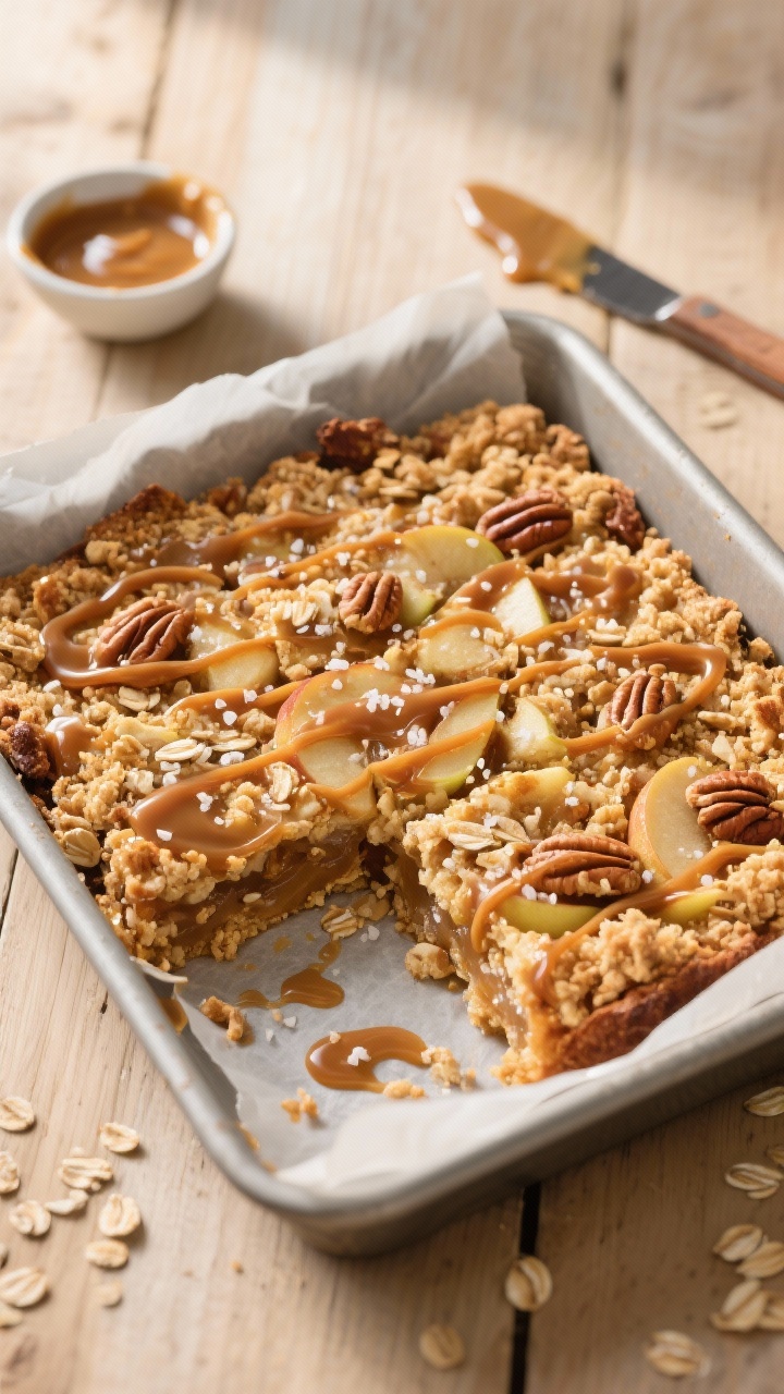 Overhead shot of freshly baked salted caramel apple crumble bars in a parchment-lined 8x8 pan, golde