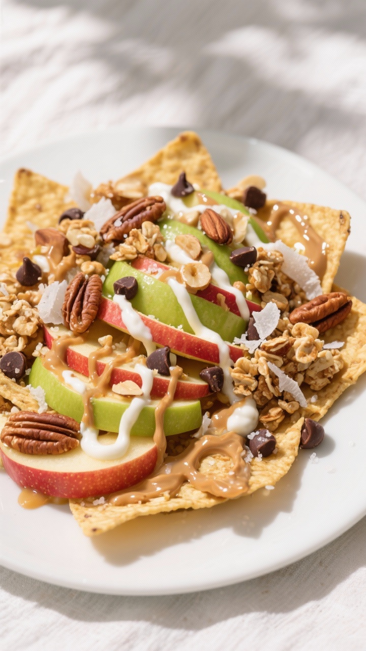 Overhead shot of fully assembled Apple Nachos on a matte white platter: thin, crisp Honeycrisp and G