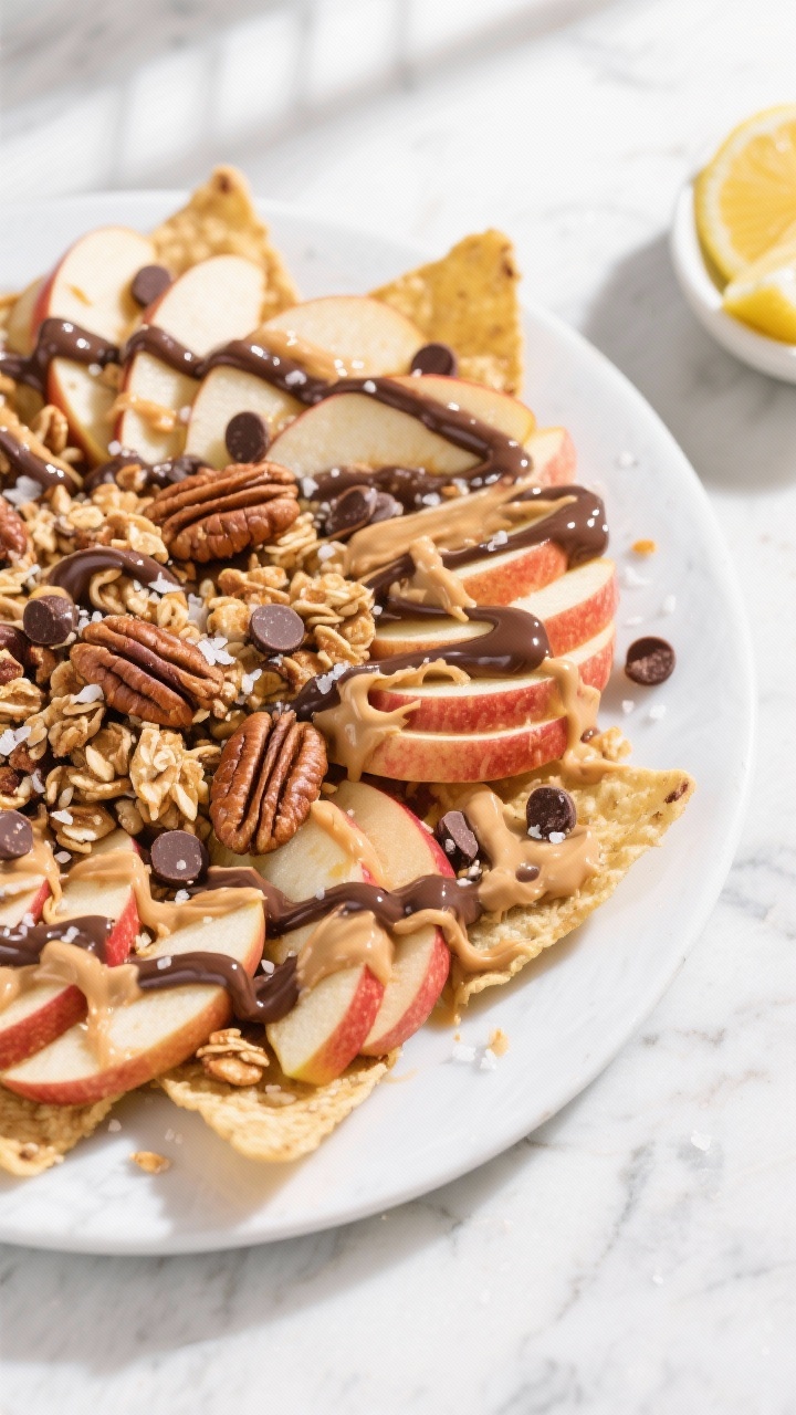Overhead shot of fully assembled apple nachos on a large round white platter: thin, crisp Honeycrisp