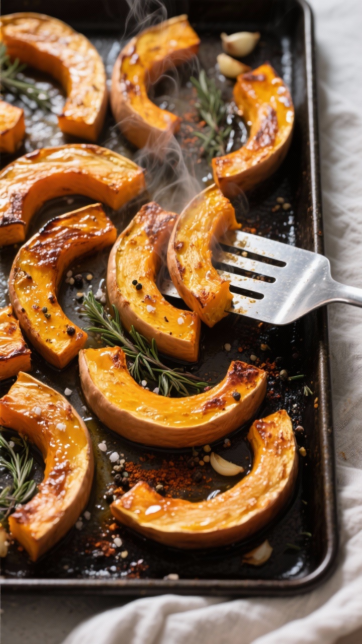 Overhead shot of roasted butternut squash just flipped mid-roast on a preheated dark sheet pan at 42
