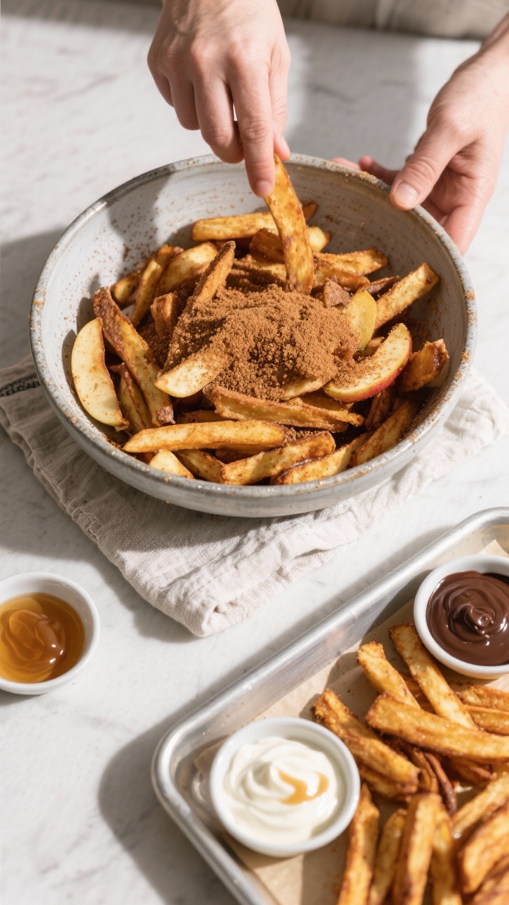 Overhead “tasty top view” process shot: Apple fries just out of the air fryer tossed in a wide m