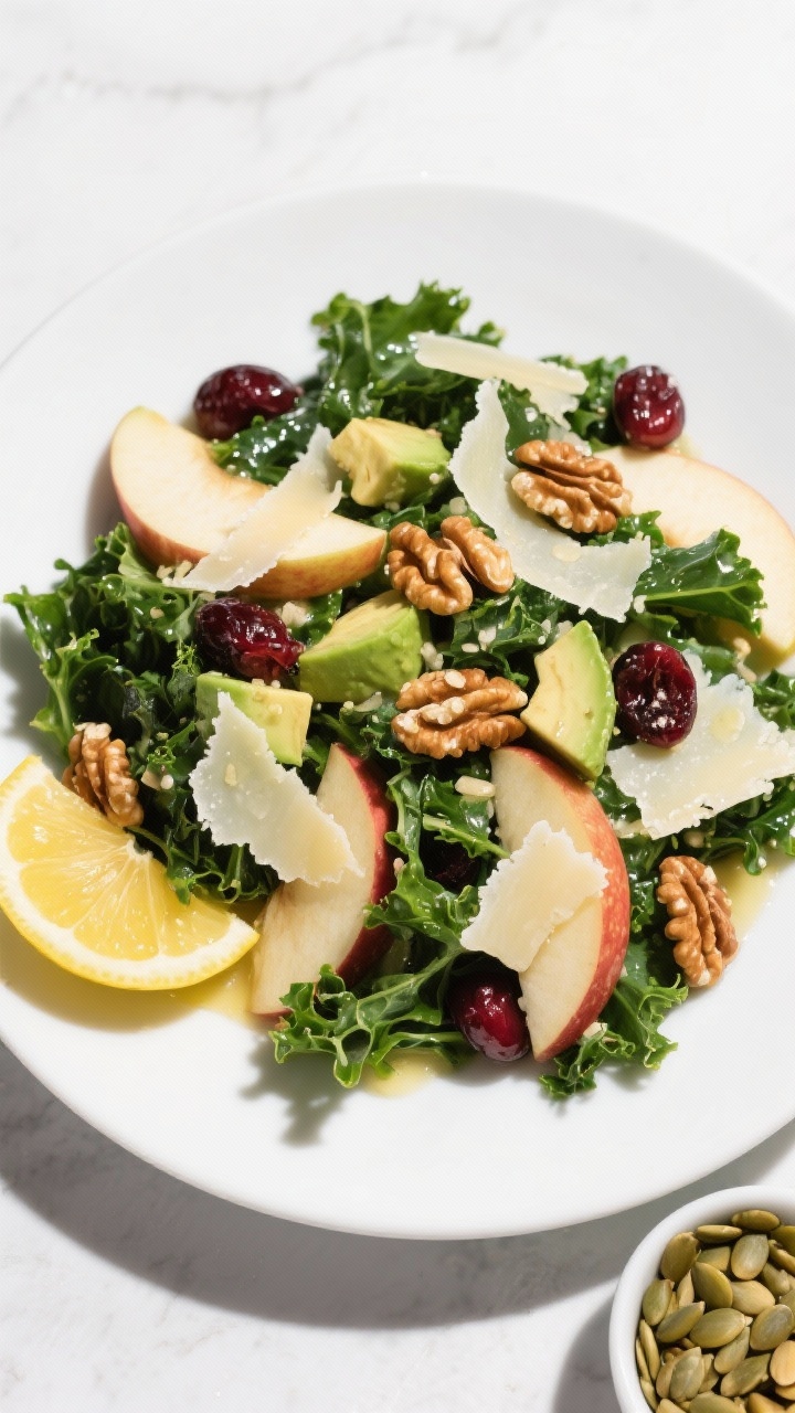 Tasty top view: Final plated Apple Kale Salad styled on a matte white shallow coupe plate, showing a