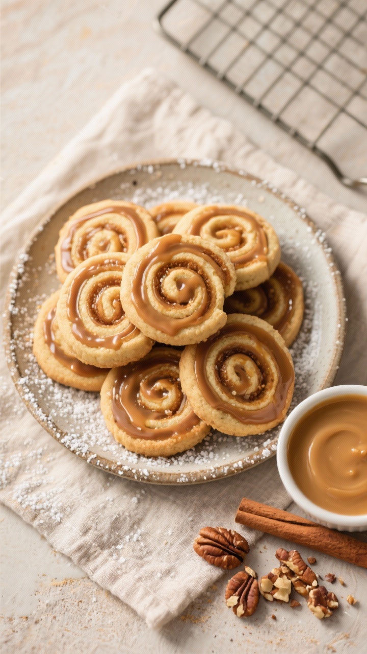 Tasty top-view final presentation: Overhead shot of a rustic ceramic plate piled with cinnamon roll