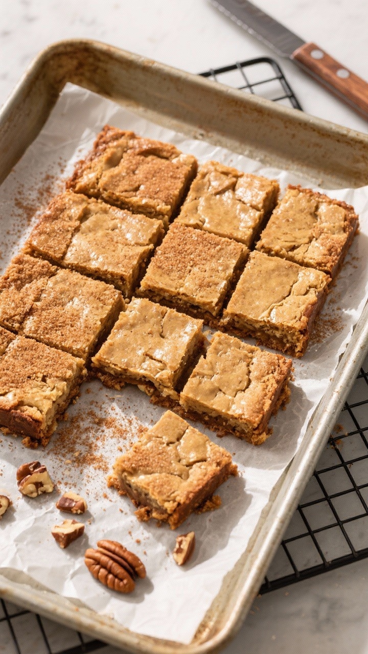 Tasty top view/final presentation: Overhead shot of sliced cinnamon sugar blondies lifted out of the