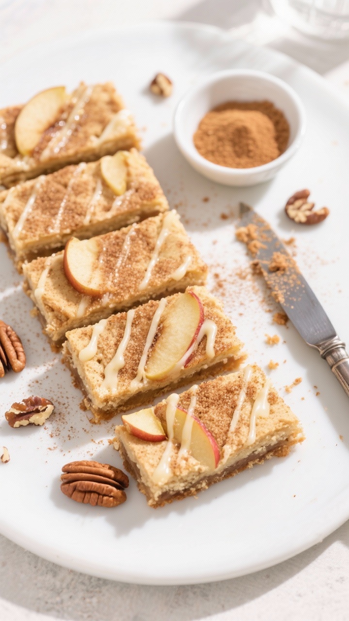 Tasty top view: Overhead shot of neatly sliced Apple Snickerdoodle Bars arranged on a matte white pl